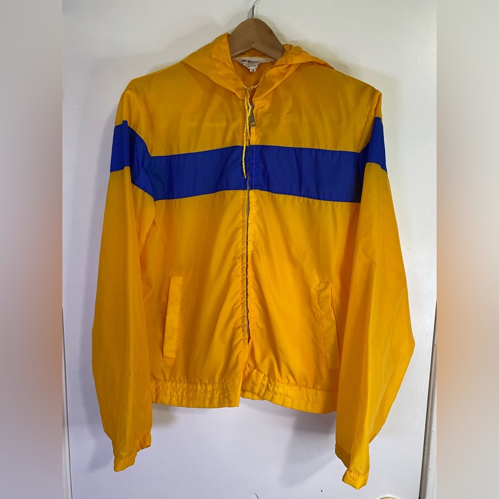 Vintage 80s Yellow Blue Nylon Windbreaker Jacket Hooded Full Zip Size M